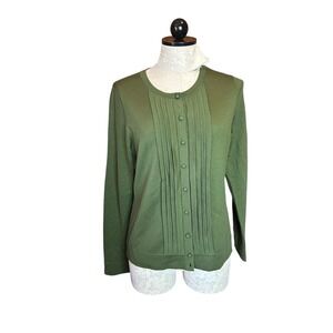 Talbots Olive Green Pleated Front Button Down Cardigan Sweater Italian MERINO M